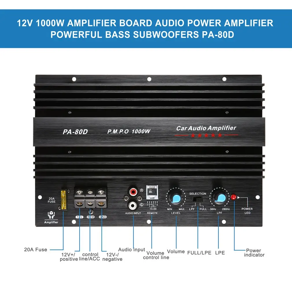 12V 1000W Amplifier Board Mono Car Audio Power Amplifier Powerful Bass Subwoofers Amp For Car Modification PA-80D