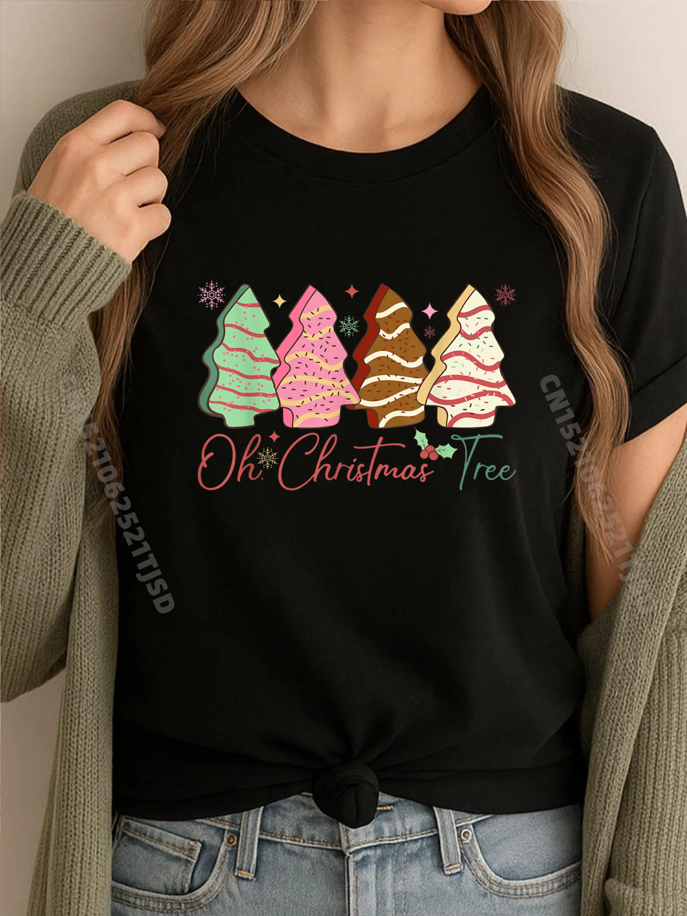 

Oh Christmas Tree Cake Xmas Lights Matching Family Plain Shirt Short Sleeve Tee Tee Shirt for Woman Mother's Day