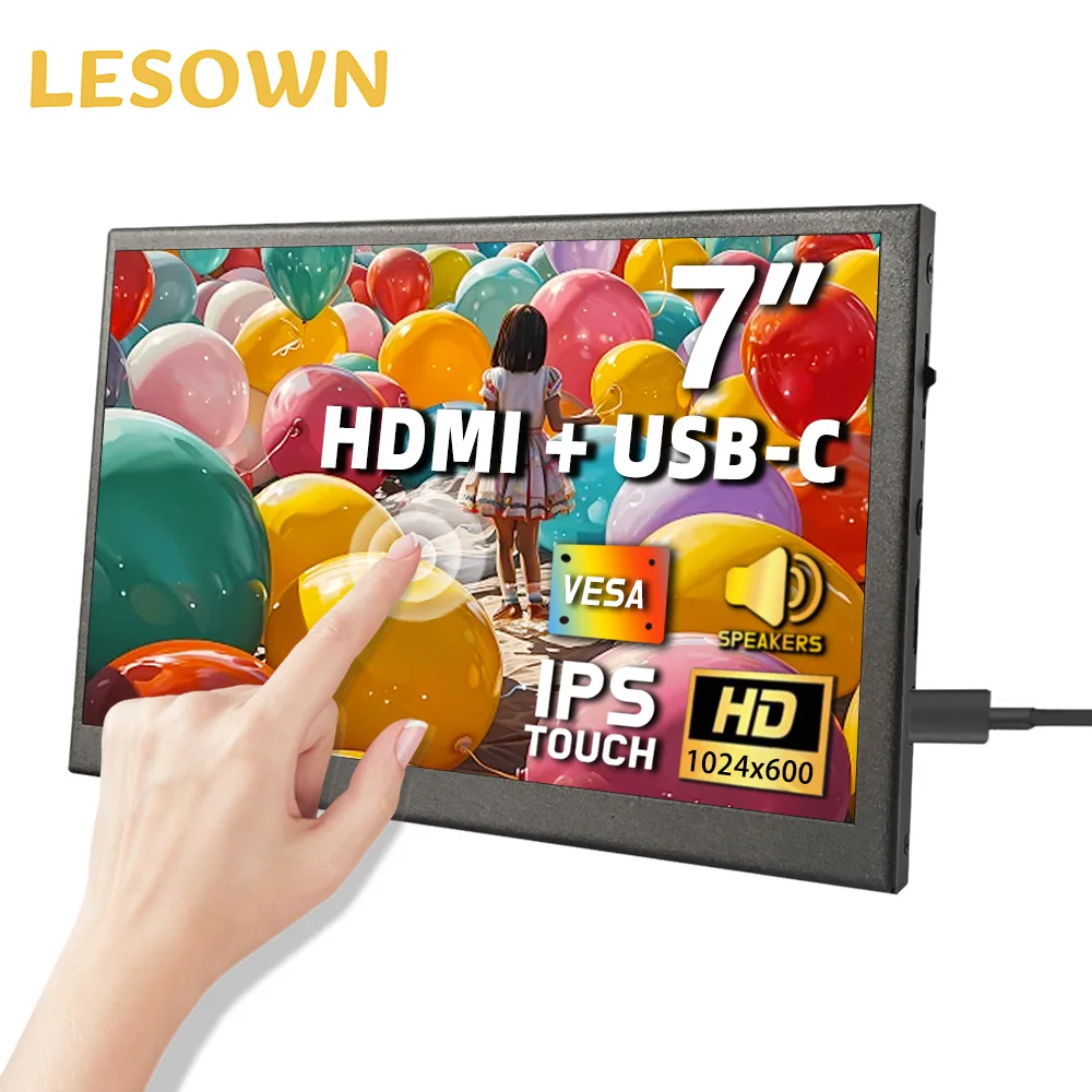 

LESOWN 7in Portable Small Second Monitor 1024×600 USB C HDMI RasPi Screen IPS Additional Side Display for Laptop RasPi Windows