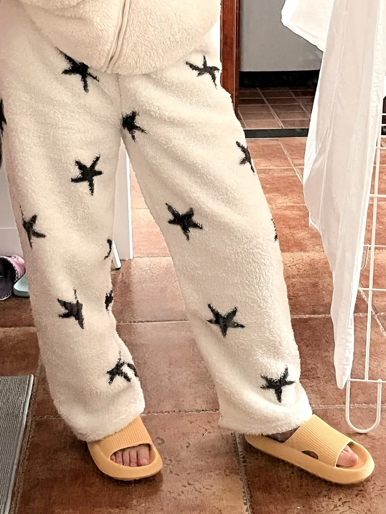 Y2k Fashion Star Printed Coral Velvet Pajamas Pants Youthful Woman Clothes Winter Plush Home Casual Flannel Warm Sleeping Pants