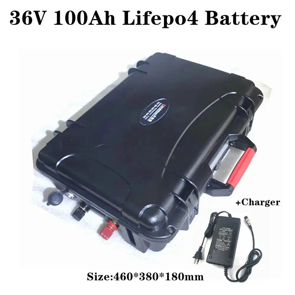 waterproof 36V 100AH Lifepo4 lithium battery deep cycle BMS wheel trolley case for 4300W 3500w scooter bike boat +10A Charge