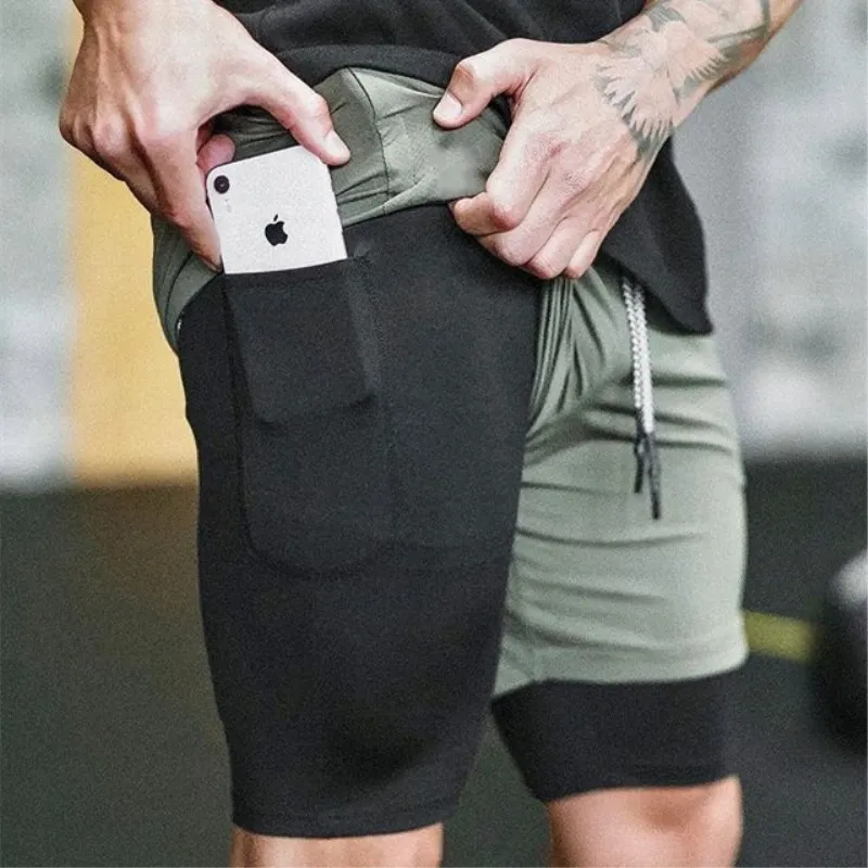 Men's Double-layer Sports Shorts Running Fitness Quick-drying American Casual Fashion Solid Color Basketball Five-point Pants