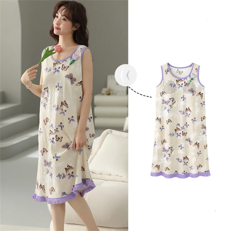 M-4XL Bra Sleepwear Women\'s Nightgowns Sexy Sleeveless Printed Night Shirt Large Size Cotton Nightdress Casual Home Wear Dress