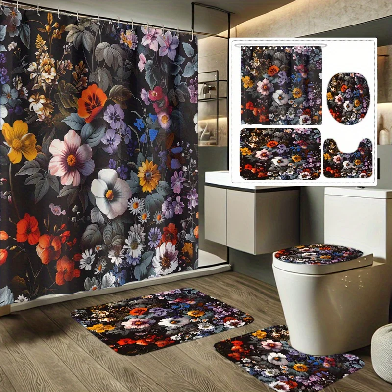 

4 шт., набор занавесок для душа с ночным цветком и цветочным принтом, кольцевая занавеска для душа, разные размеры, декоративный набор для ванной комнаты