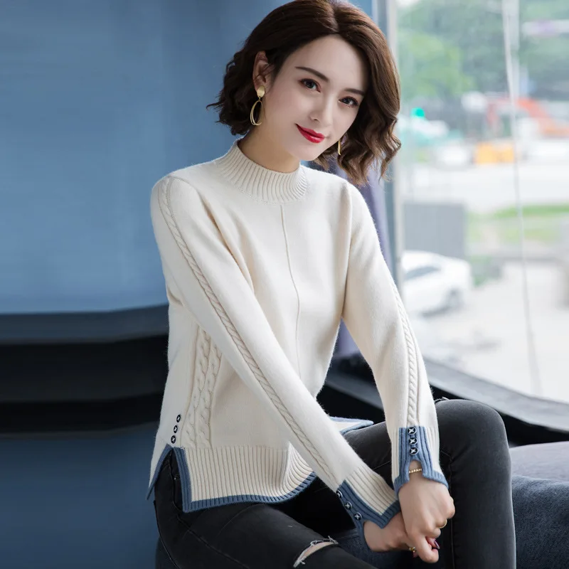 Autumn And Winter 2024 New Korean Loose Knitted Backing Shirt Half High Collar Split Fried Dough Twists Pullover Sweater Women's