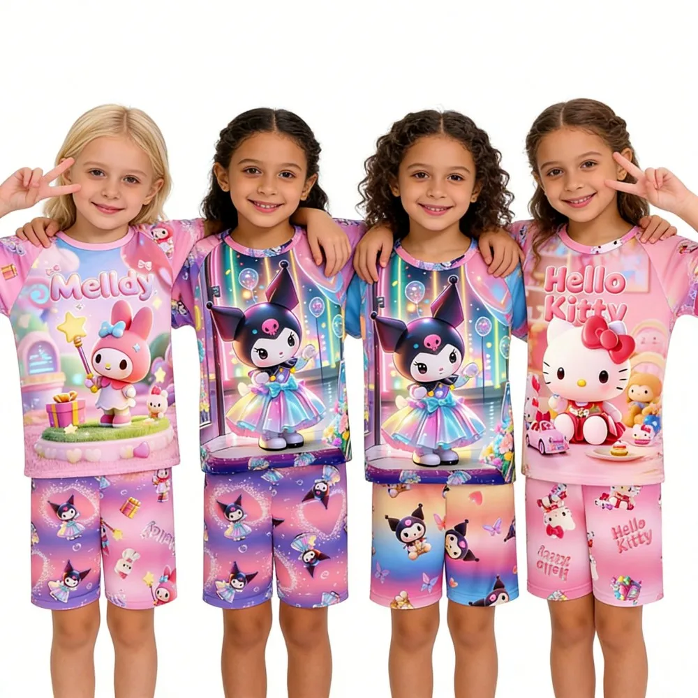 Lindo Conjunto de Pijamas Sanrio para Niñas, Pijamas de Hello Kitty, My Melody y Kuromi, Conjunto de 2 Piezas para Niñas Pequeñas
