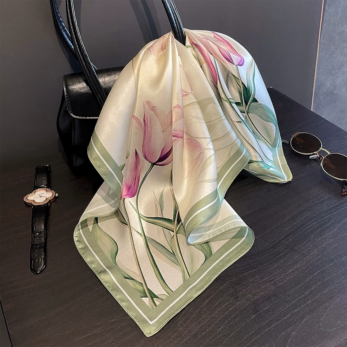 

53CM Square 100% Silk Scarf Luxury Design Flower Printed Small Head Neck Hijab Women Kerchief High Quality Silk Bandana Scarves