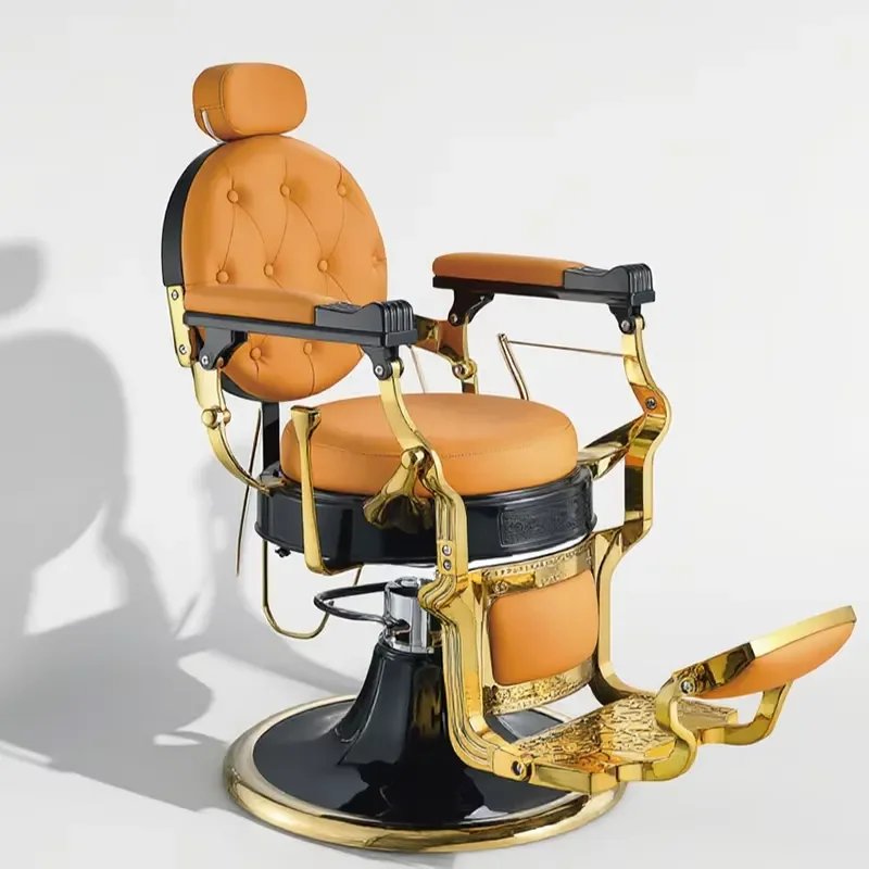 Vintage Gold Hydraulic Barber Chair Reclining Orange PU Leather Barbershop Styling Hair Cutting Chair Professional