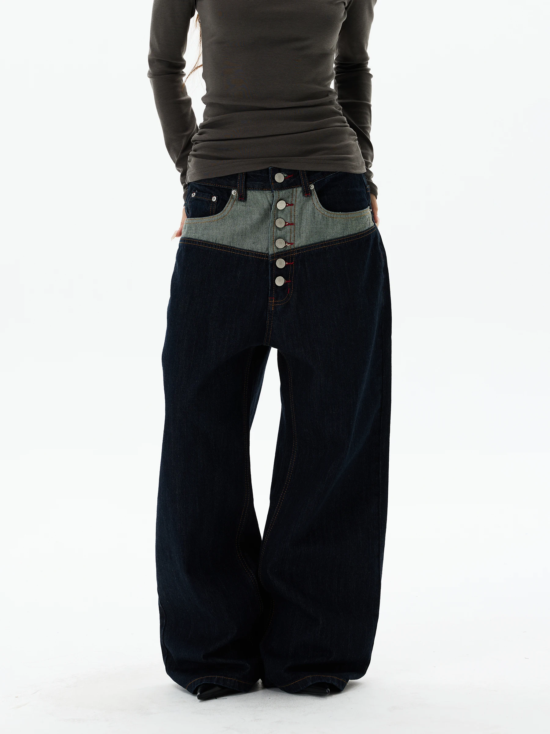 

Wlnext American Retro Design Patchwork Button Placket Denim Jeans Men's Women's Handsome High-End Feelings Pants Trendy