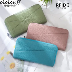 Women Thin Long Cow Genuine Leather Wallet Zipper Card Holder Purse Money Packing Office Ladies Wallets Classic Solid Colors Bag