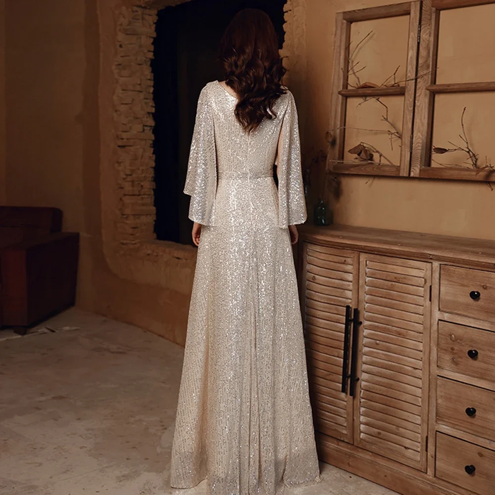 Luxury V-Neck Evening Dress 2024 New Women Elegant Solid Color Sequin A-line Evening Dresses Party Prom Dress