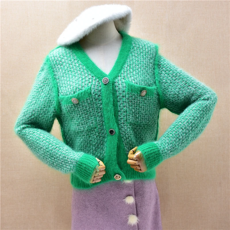 

Pull Femmes Женская одежда Зеленая норка Кашемир Вязаная волосатая норка Кашемир Вязаный укороченный топ с v-образным вырезом Тонкие кардиганы Свитер Куртка