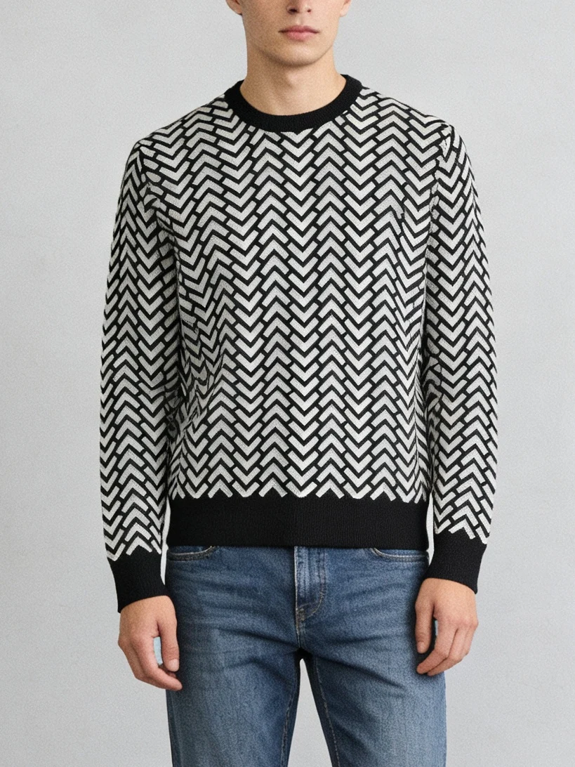

Мужской свитер с геометрическим узором, круглый вырез, вязаный, с длинными рукавами, повседневный, хлопковый, зимний, модный, черно-белый, удобный, брендовый.