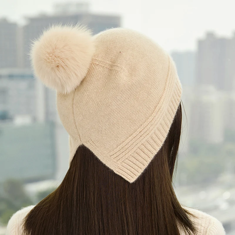 DjzDsm Ladies' Fashion Hairball Winter Thickened 100% Pure Cashmere Knitted Split Hat Solid Color Warm Ear Protection Hat