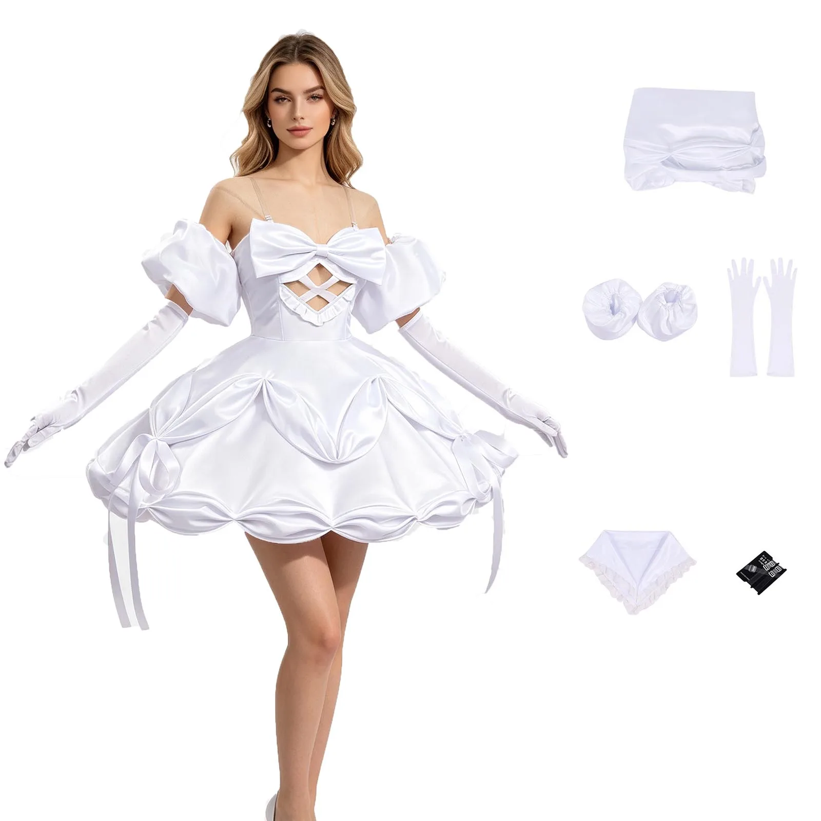 Sua Cosplay Costume Anime Girl White Satin Mini Dress Off Shoulder Puff Sleeve Halloween Carnival Party Uniform Set