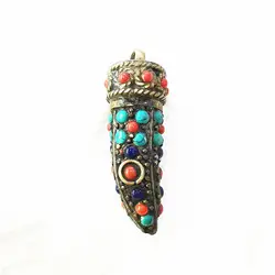 Fang Amulet Pendants Tibetan Ethnic Jewelry Copper Inlay Colorful TBP692