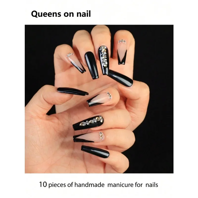 

10 Pieces Handmade Fake Nails, Ballet Style Fake Nails/Color Matching/Various Sparkling Diamonds/Dark Punk