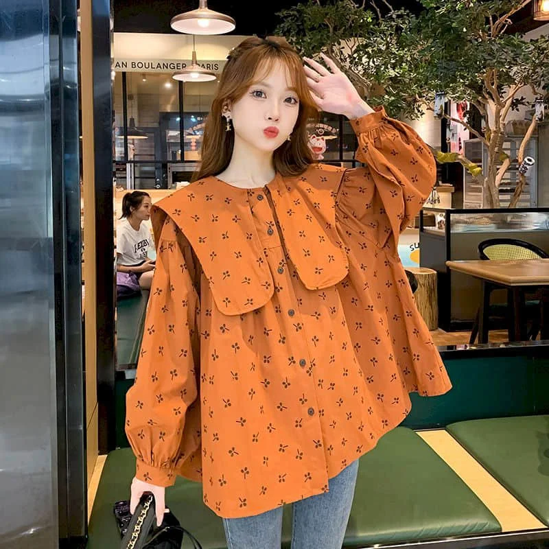 

Shirts for Women Korean Style Printed Doll Collar Oversized Cardigans Long Sleeve Casual Loose Single Breasted Blouse Women Tops