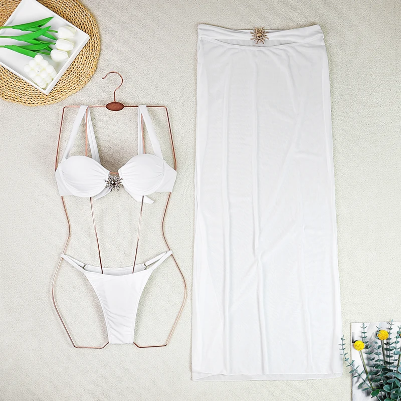 3 Pieces Bikini 2025 Sexy Women Swimsuits Female Swimwear Solid Push Up Bikini Set Long Skirt Biquini Swimming Suit Bathing Suit
