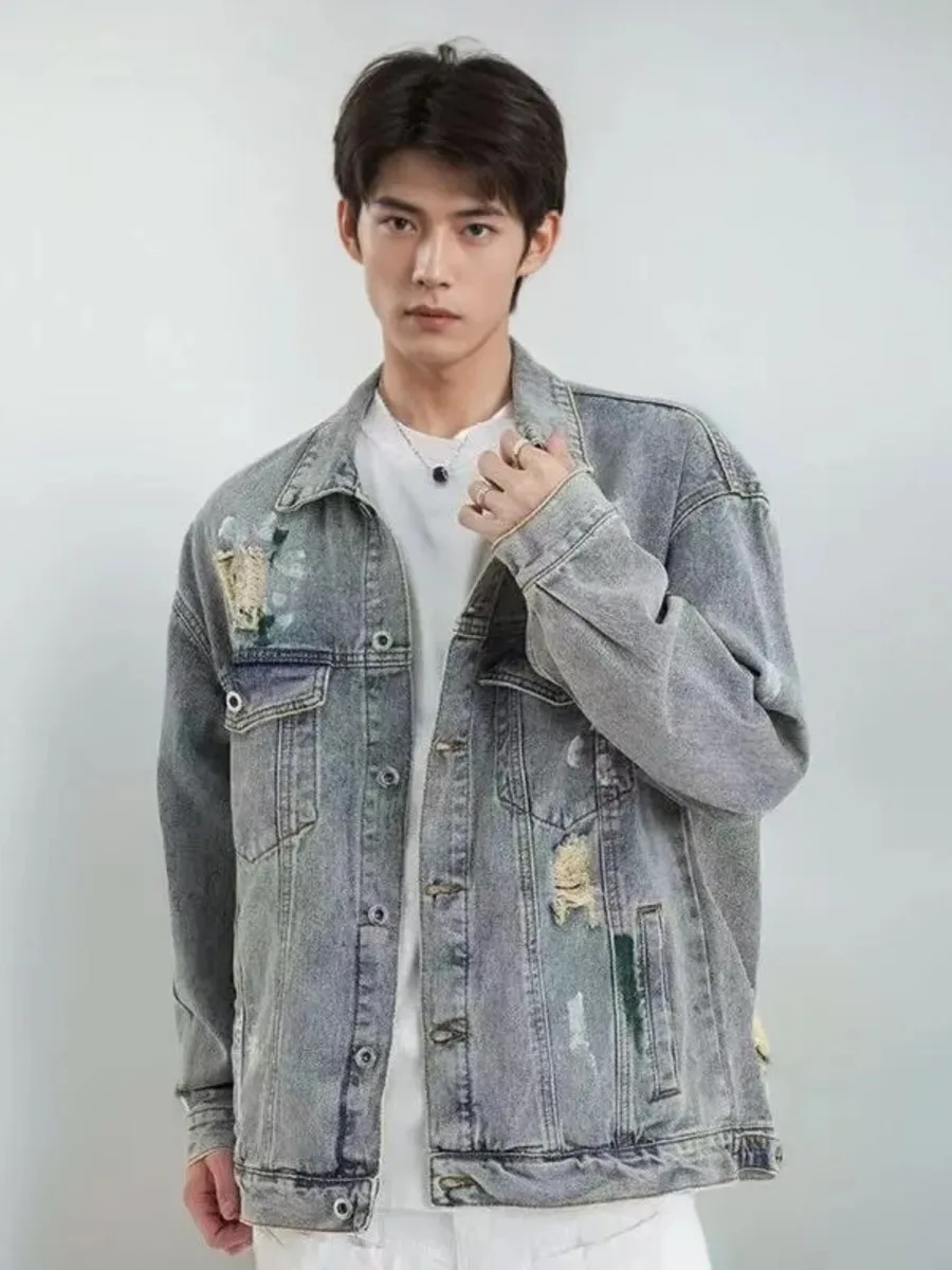 

Men Frayed Ripped Graffiti Denim Jacket Hip Hop Vintage Casual Harakuju Streetwear Coat Spring Autumn Loose Fit Jeans Outerwear