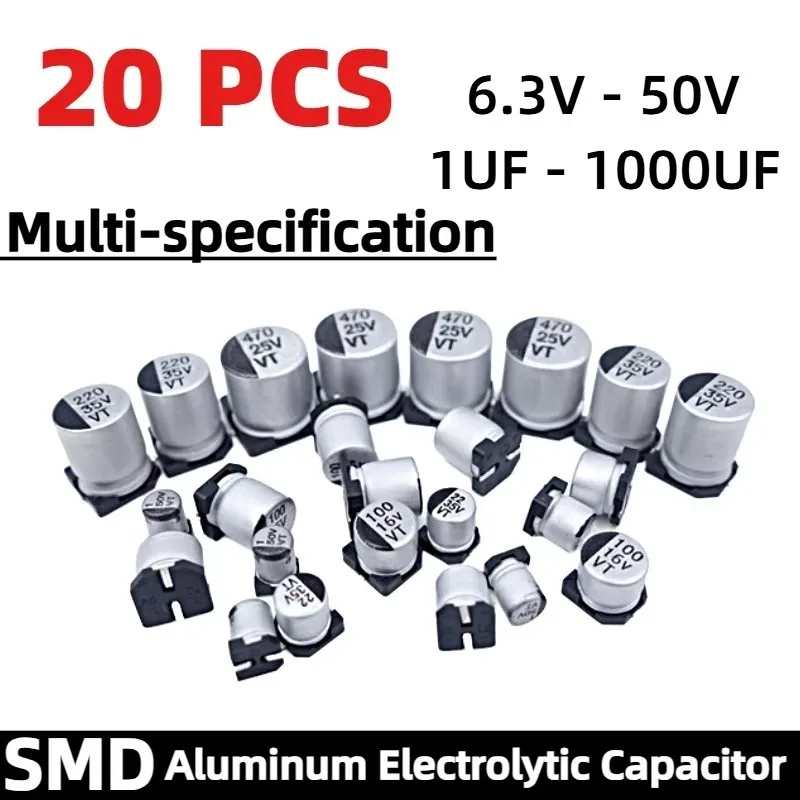 

20PCS SMD Aluminum Electrolytic Capacitor 6.3V 10V 16V 25V 35V 50V 1UF 4.7UF 10UF 22UF 33UF 47UF 100UF 220UF 330UF 470UF 1000UF