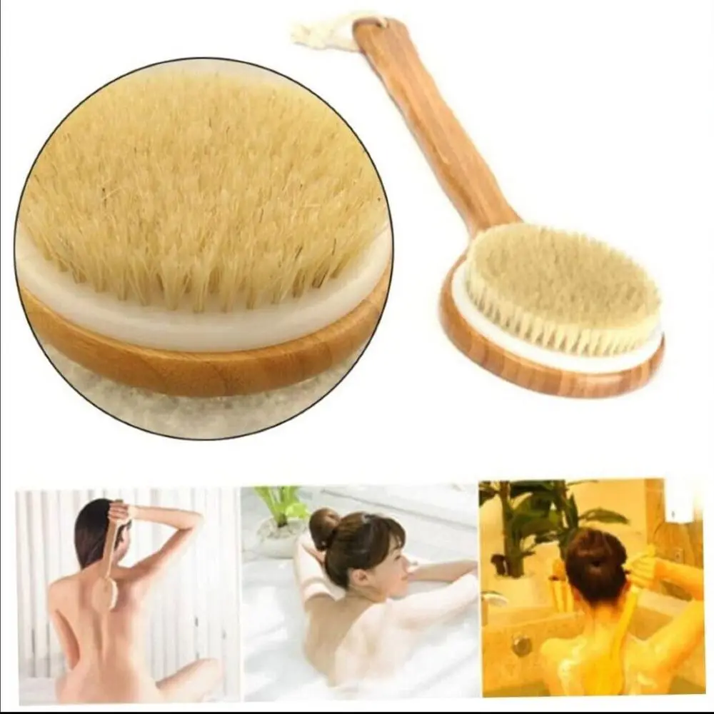 Body Brush Long Handle Bath Shower Back Scrubber Bamboo Natural Bristles