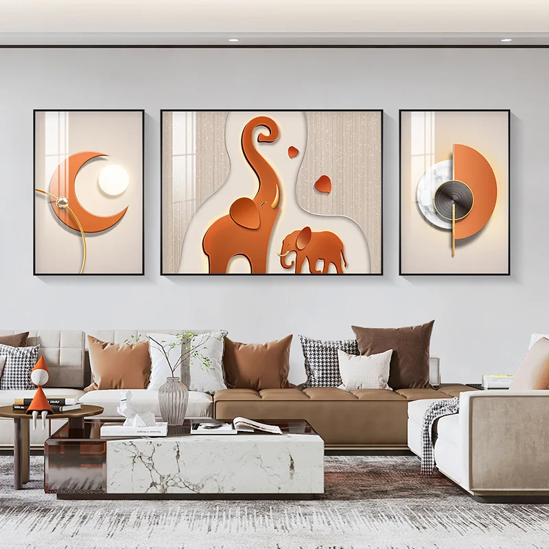 3 Panel Luxury Orange Elephant Canvas Painting Abstract Geometry Elephant Family Posters Prints Living Room Wall Decoration