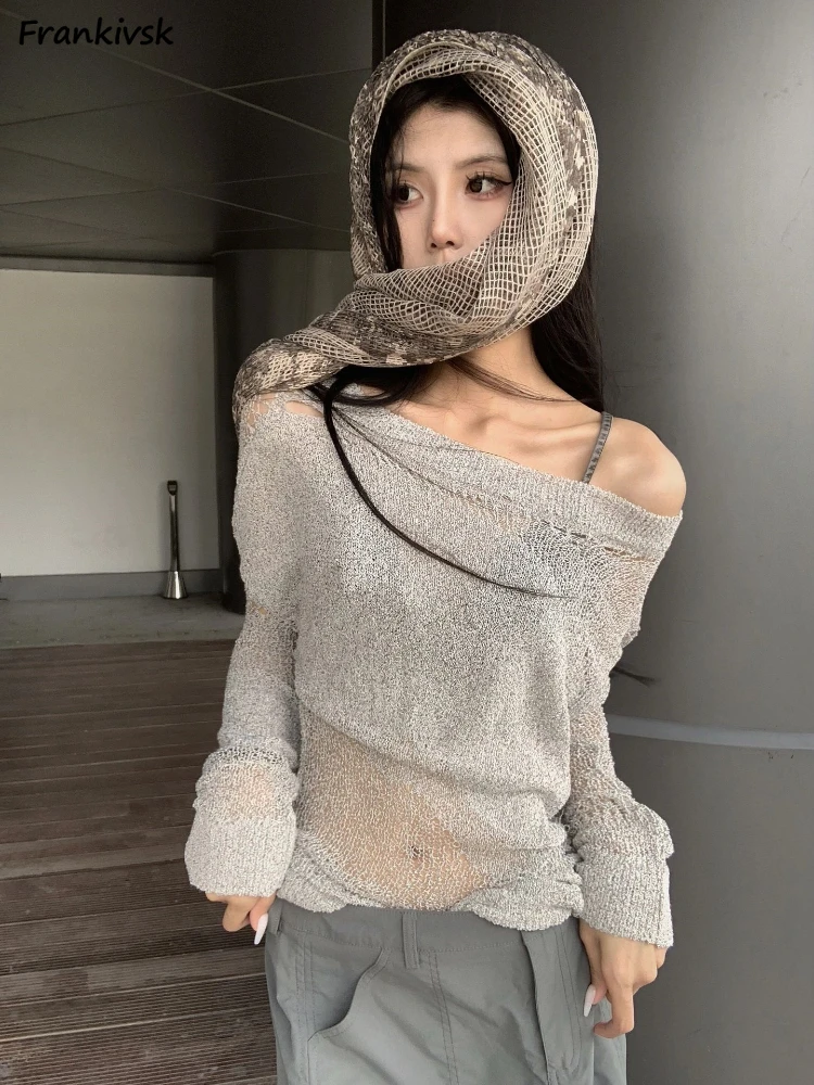 

Autumn Vintage Sweaters Women Y2k Slim College High Street Sun-proof Slash Neck Party Knitwear Hollow Out Hotsweet American Chic