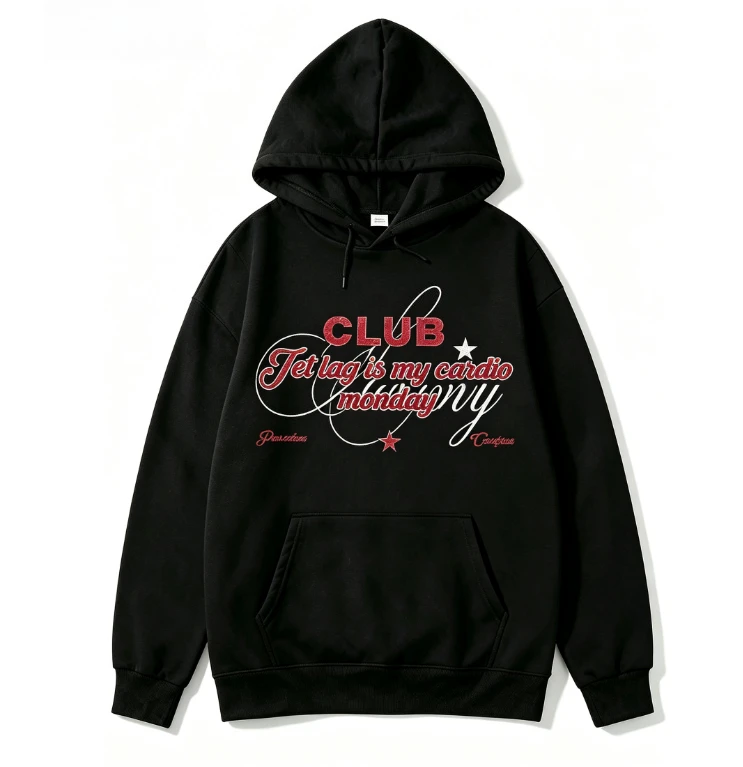 2026 new Printed combining cursive script and block letters worn-out patterns suitable for both men and women hooded sweatshirt