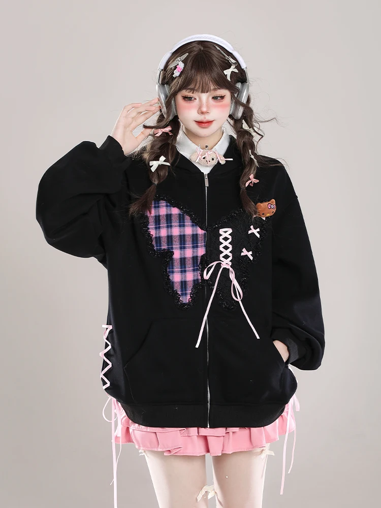 American Fashion Street Y2K Plaid Lace Splicing Butterfly Lace-up Zipper Loose Lazy Casual Hooded Sweatshirt Jacket Women Autumn