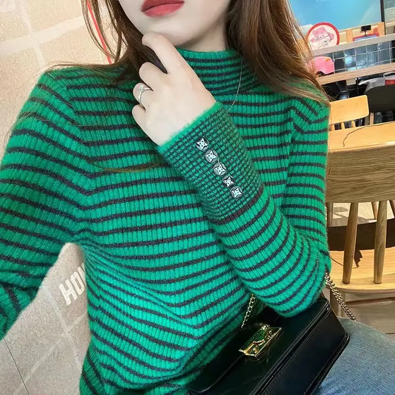 Autumn Winter New Fashion High Collar Long Sleeve Striped Women's Clothing Korean Loose Pullovers All-match Knitting Chic Tops