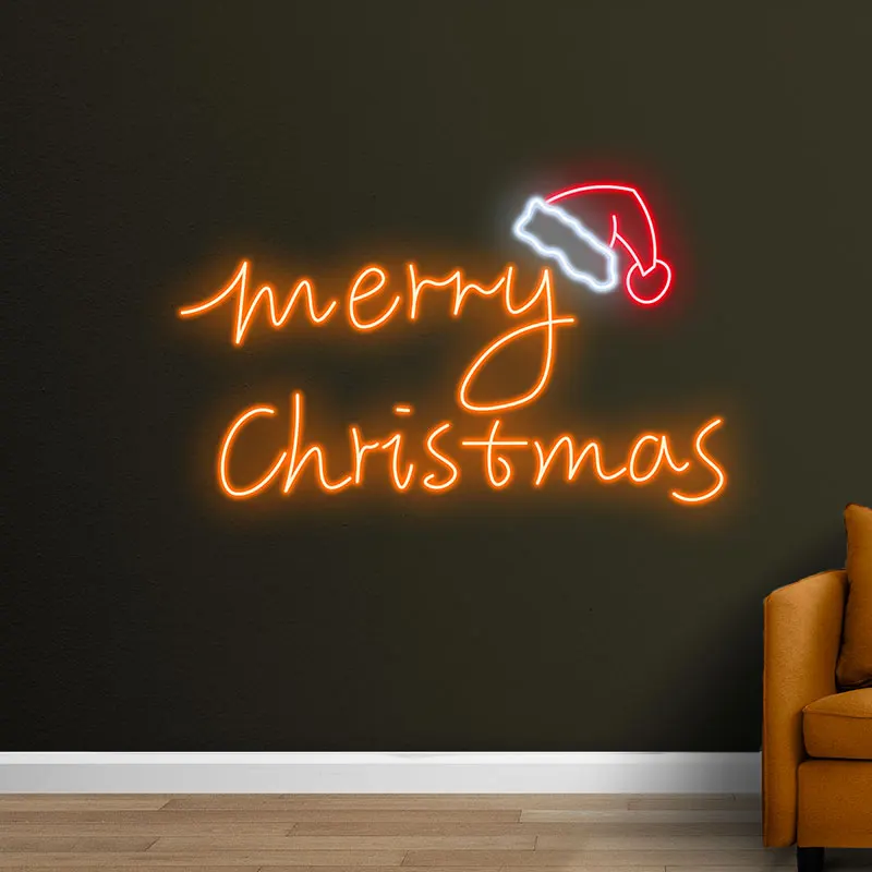 Modern Neon Christmas Sign – Merry Christmas Text with Santa Hat Glow, Trendy Wall Art for Holiday Parties or Winter Home Decor