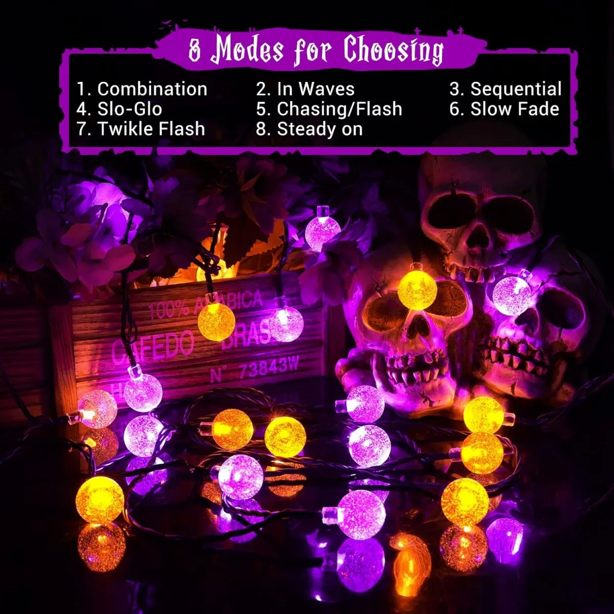 1pc 12m 100 LED Halloween Purple&Orange Bubble Ball Solar String Lights With 8 Modes For Home Garden Balcony Halloween Decor