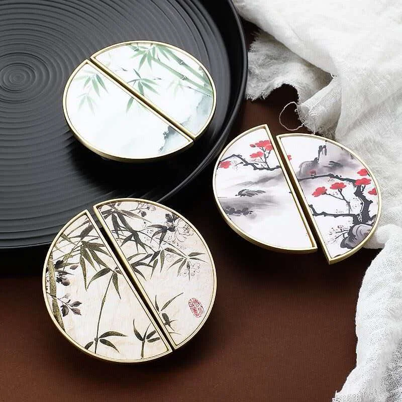 New Chinese Style Bamboo Cabinet Pulls Oriental Ink Painting Drawer Knobs Single Hole Wardrobe Cupboard Door Pull Handles