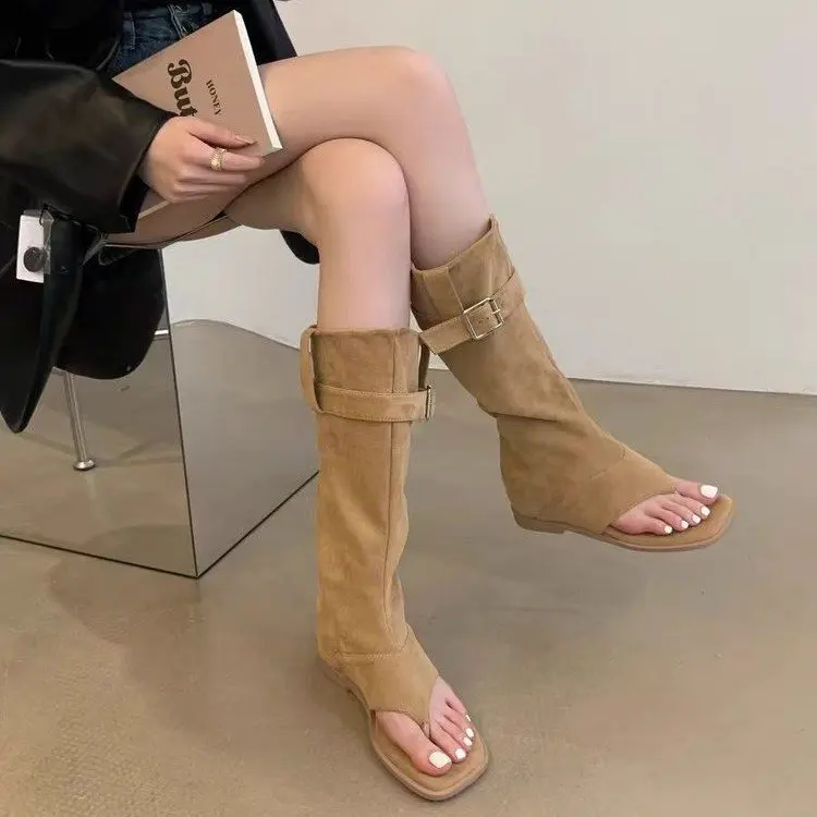 Women Sexy Black Suede Ruffled Boots Women Summer Clip Toe Flat Gladiator Sandals Woman Western Cowboy Boots Sandals Mujer