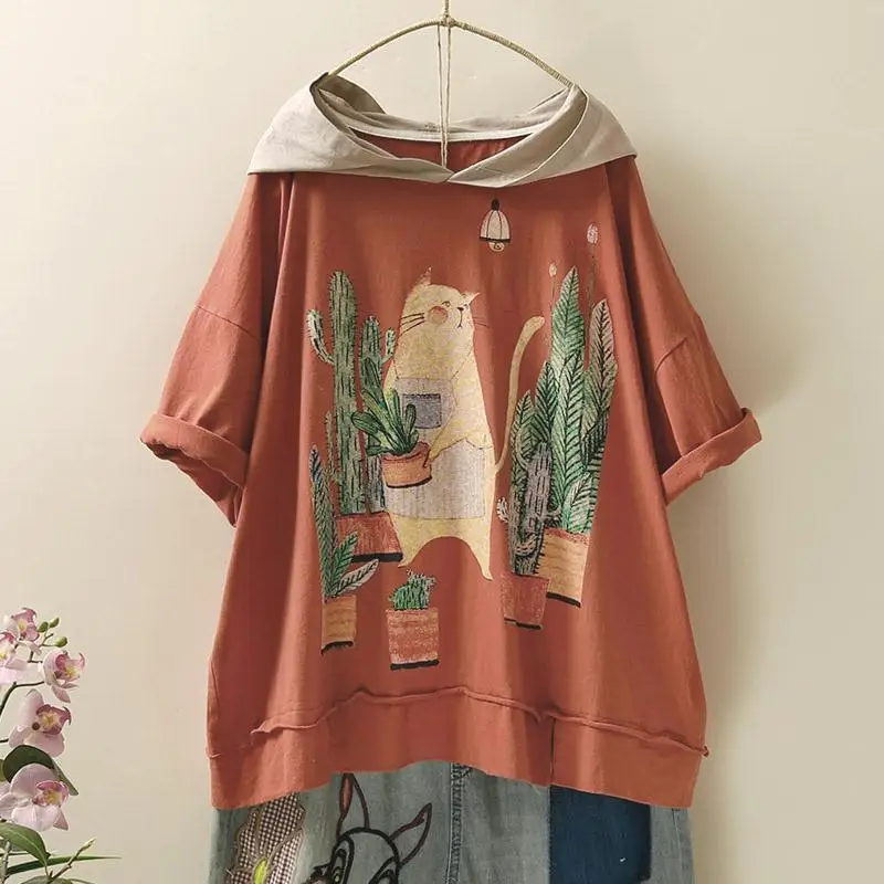 Korean Style T Shirt Women Fashion Artistic Printed Hooded T-shirt Casual Loose Oversized Short Sleeve Thin Hoodie Summer Tshirt