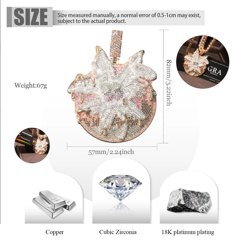 Iced Out Rose Pink Drip Pendant 18K Gold Electroplated Cubic Zirconia Hip Hop Round Medallion Necklace Cuban Chain Charm Colorful Stone Inlay Dripping Gold Street Rapper Fine Jewelry Accessory For Men Party Club Daily Sparkling Crystal Hip Hop Pendants