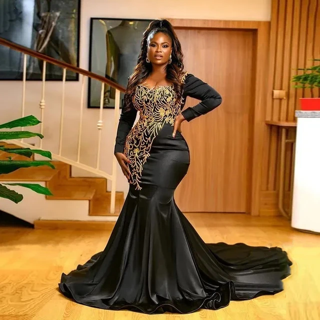 Plus Size African Prom Dresses Long Sleeves Gold Beaded Black Women Formal  Party Dress Lace Up Back Aso Ebi Evening Gown Custom - AliExpress