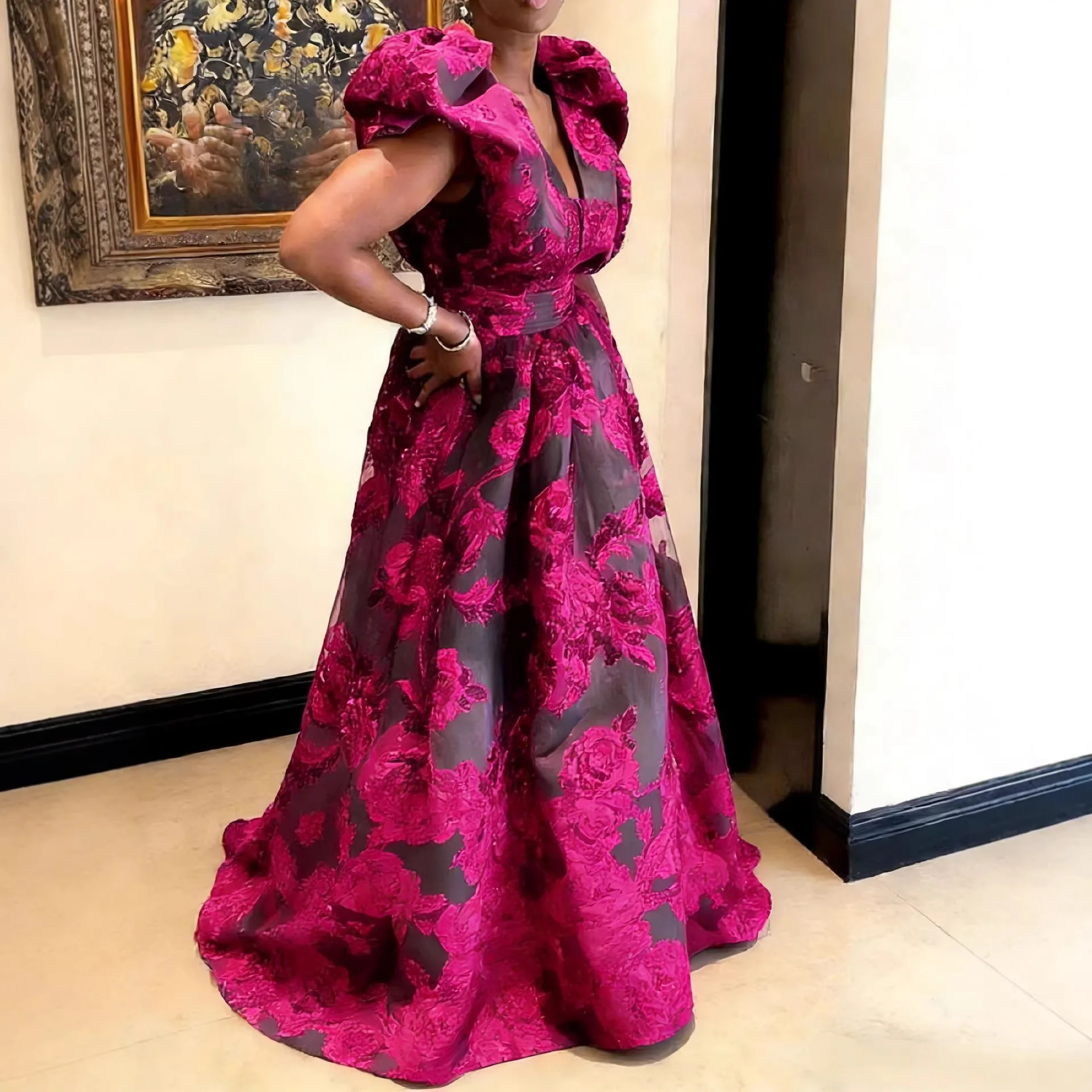 Abito da sera a trapezio in jacquard floreale bordeaux 2026 con maniche a sbuffo, lunghezza al pavimento, abito formale da festa, taglie forti, per invitati a matrimoni