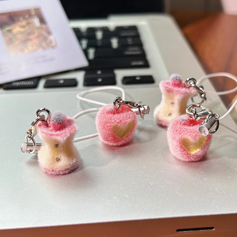 Flocked Heart Apple 3D Cartoon Charm - Food-Themed Apple Core Student-Friendly Bag & Phone Charm for Daily Match