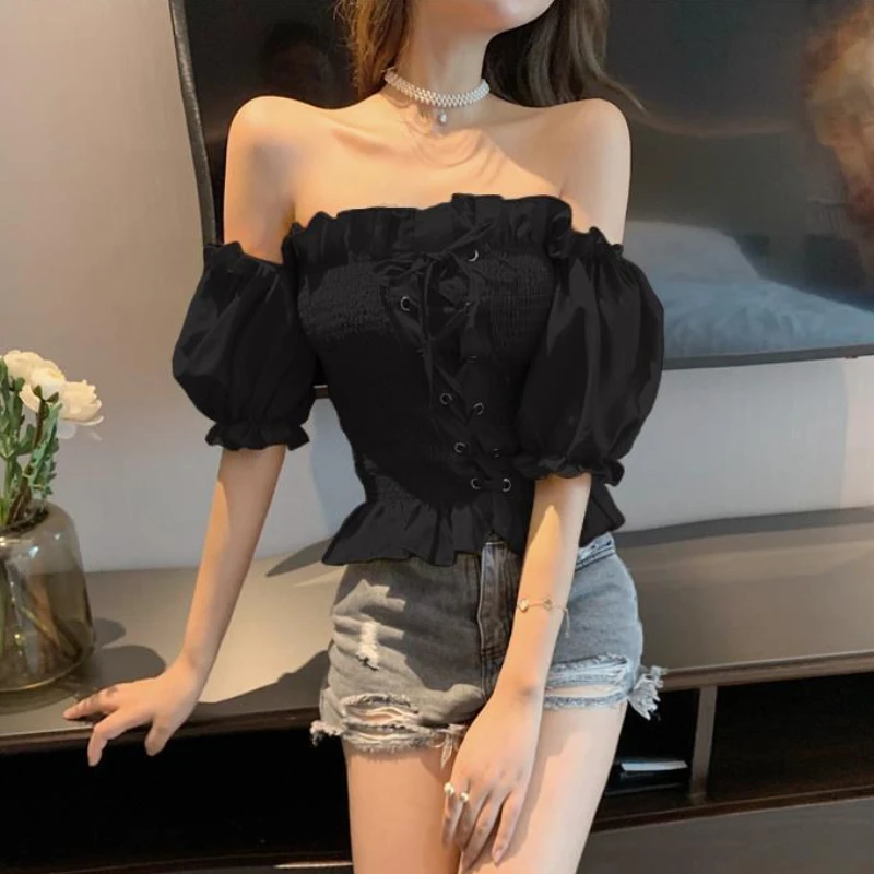 Blouses Women Summer Fashion Hotsweet Slash Neck Vintage Lace-up Designed Graceful Cropped Puff Sleeve Clothing Tender Ulzzang