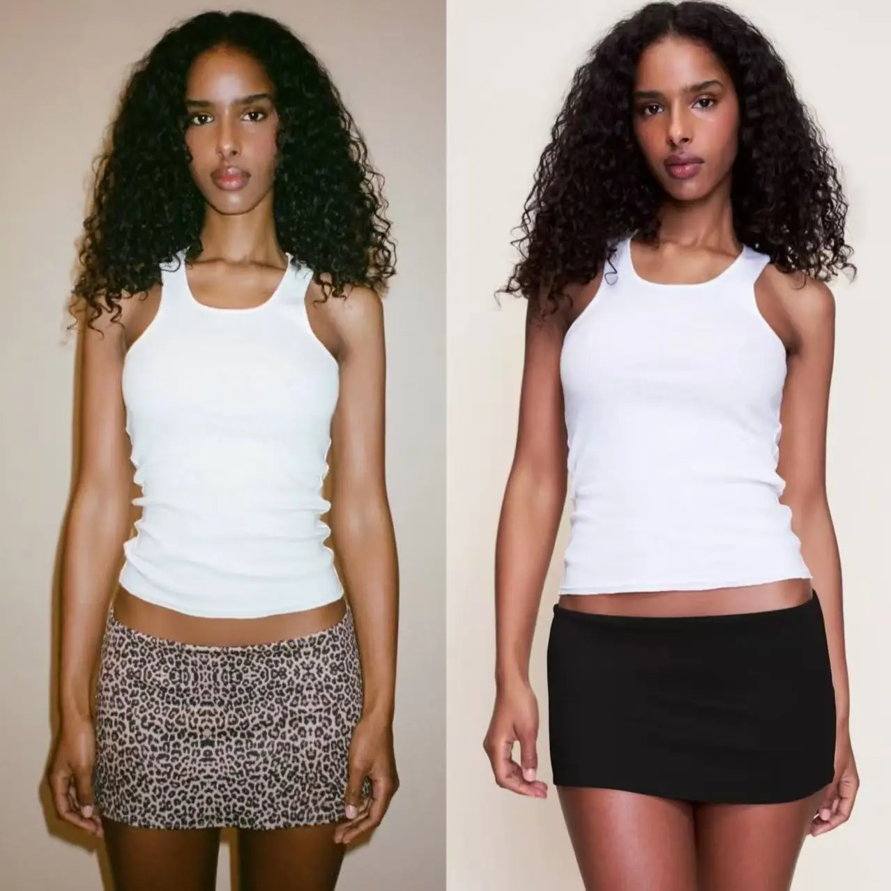 

Guizio low-waist elasticized midriff-baring skirt in black and white solid color with leopard print mini skirt