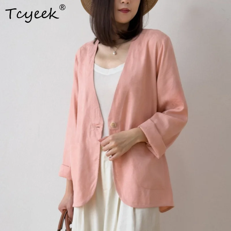 Tcyeek 100% Real Mulberry Silk Woman Tops 2026 Spring High-quality Commuting V-neck Loose Suit Clothes for Woman Roupas Feminina