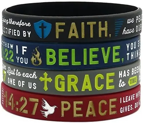 

4pcs Gift Co. Faith, Believe, Peace, Grace Silicone Bible Bracelets Christian Religious Jewelry Gifts for Men Women