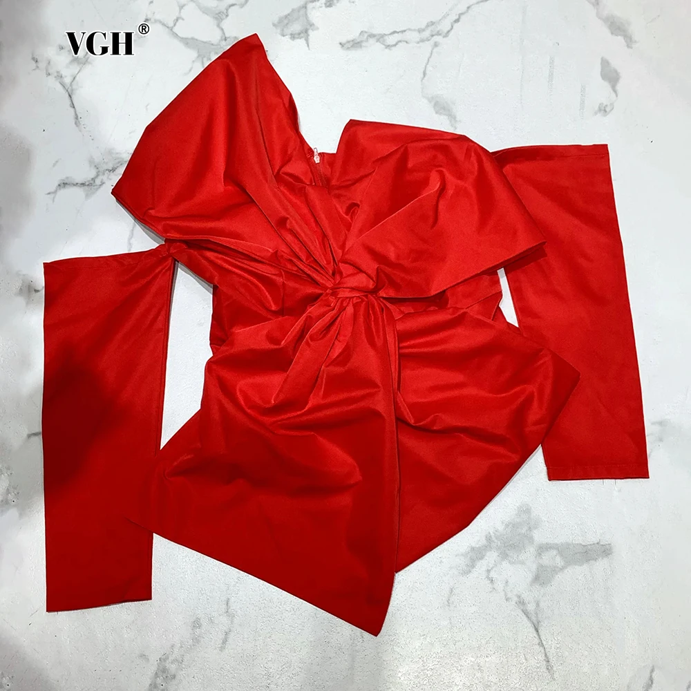 

VGH Sexy Solid Blouses for Womwn Irregular Neck Off One Shoulder Long Sleeve Top with Bowknot Tops Female Clothing Fashion Style