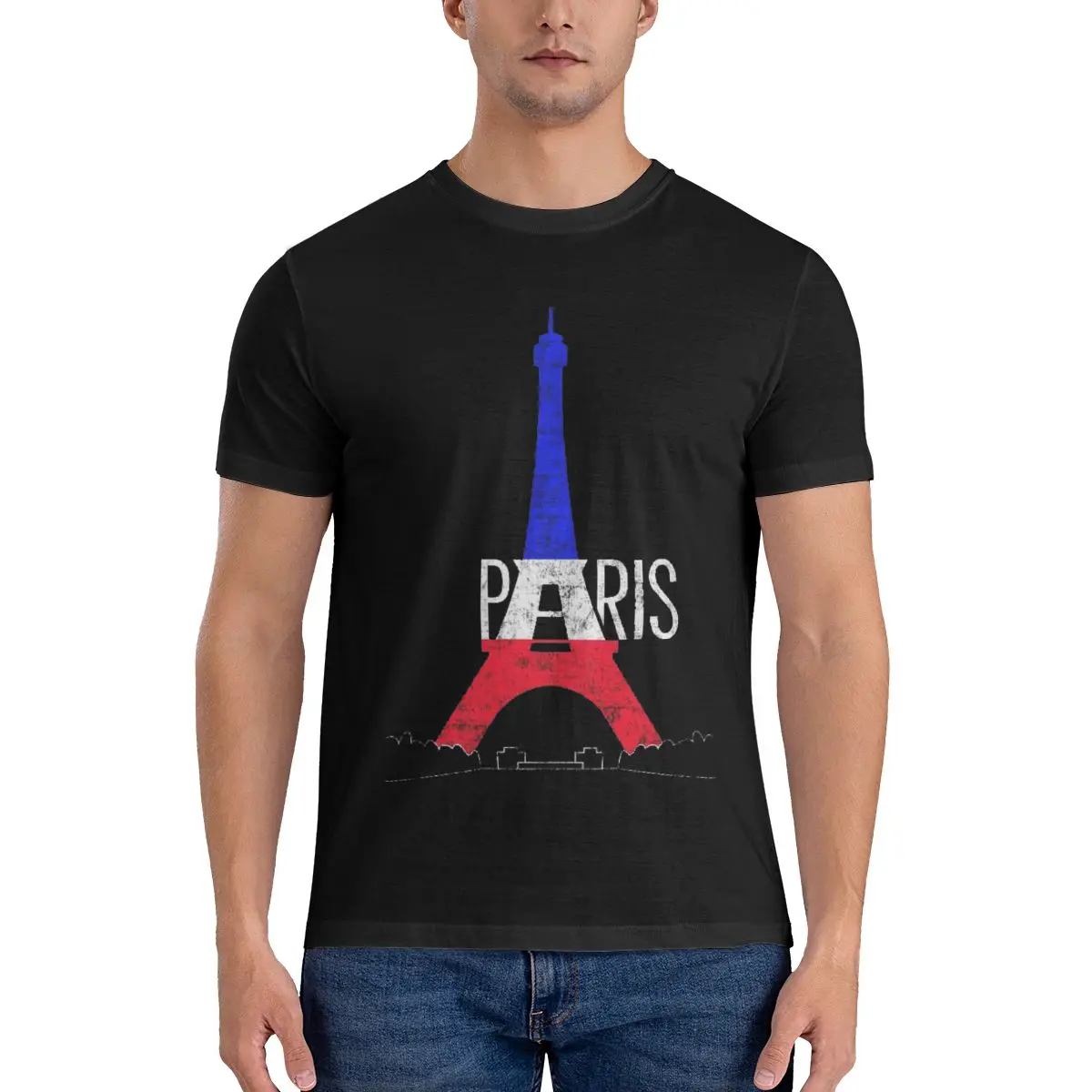 Paris Eiffel Tower France National Flag Souvenir Cotton Trend Round Neck Casual Sports Short Sleeve Men's T-shirt