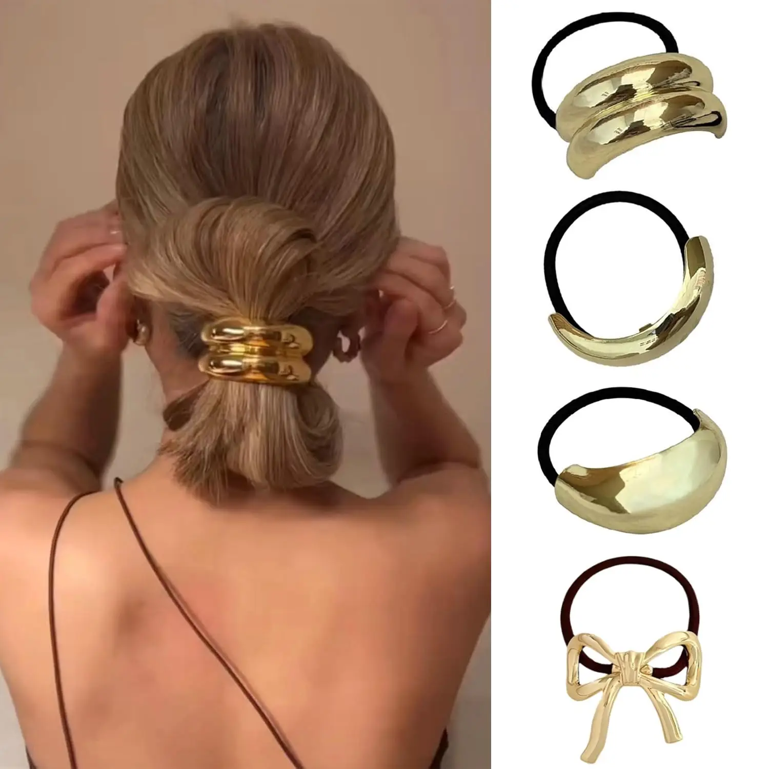 4PCS Metal Hair Ties Geometric Elastic Hair Cuff Ponytail Holder,Gold Hair Scrunchies,Fashion Hair Accessories for Women Thick