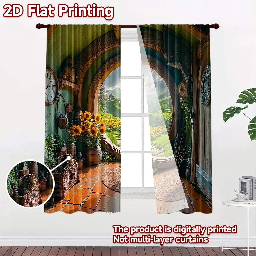 2D flat 2pcs Curtain Home Short Curtains Round Door Sunflower View Digitally printed polyester Holiday Decorations Perfect for