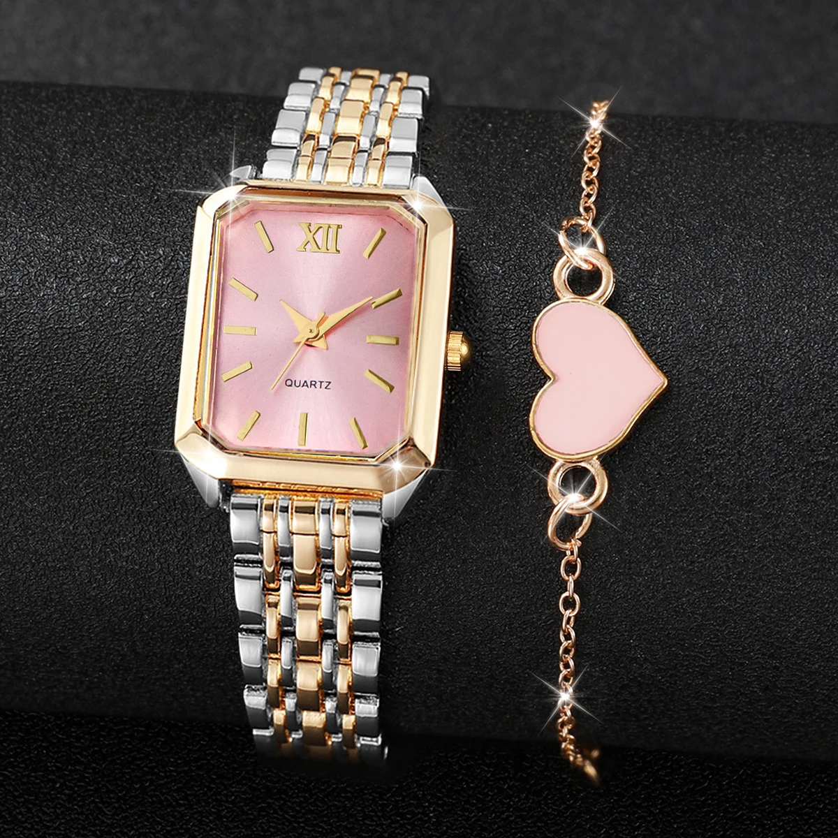 

2 шт./компл. Модные женские кварцевые часы с прямоугольным циферблатом в римском стиле, наручные часы с браслетом в виде сердца, комплект Reloj Mujer (без коробки)
