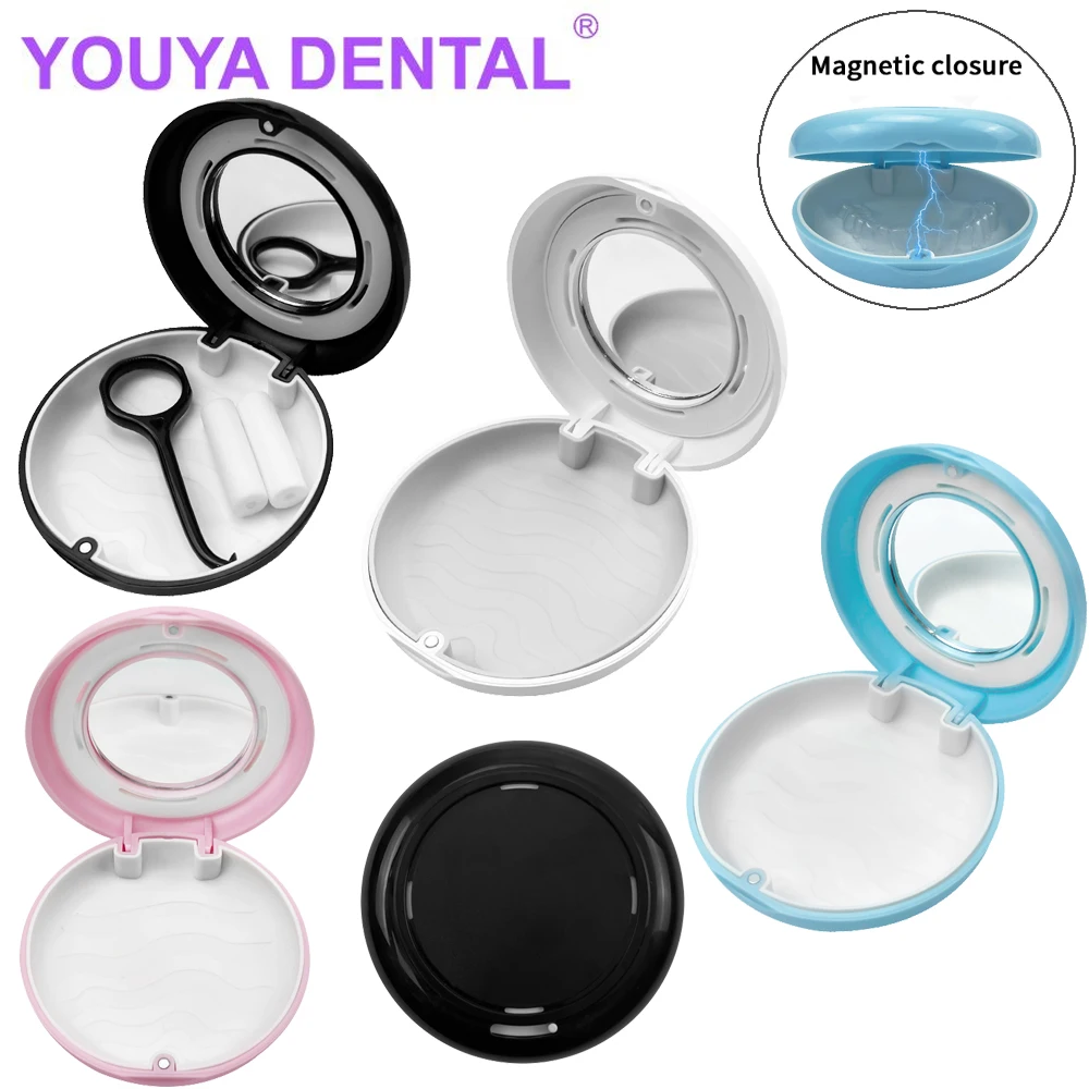 Portable Denture Storage Box With Mirror Vent Holes Dental Retainer Orthodontic Mouth Guard for Travel Aligner Braces Container